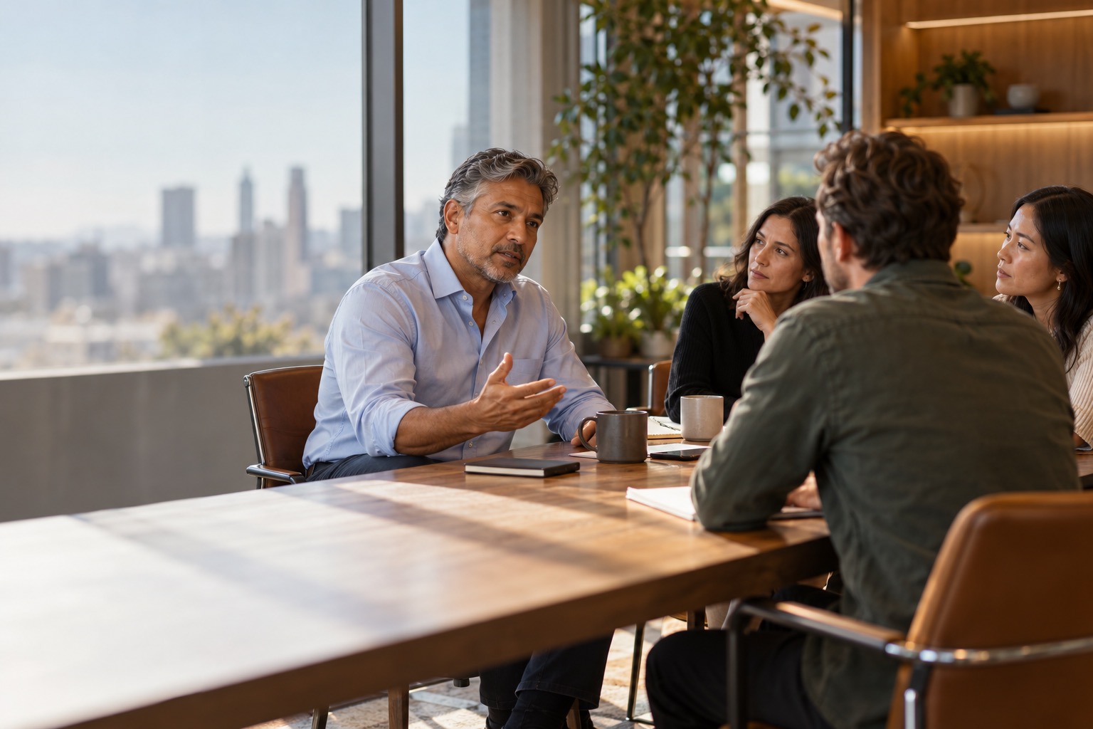 A senior executive in a focused conversation with his leadership team.