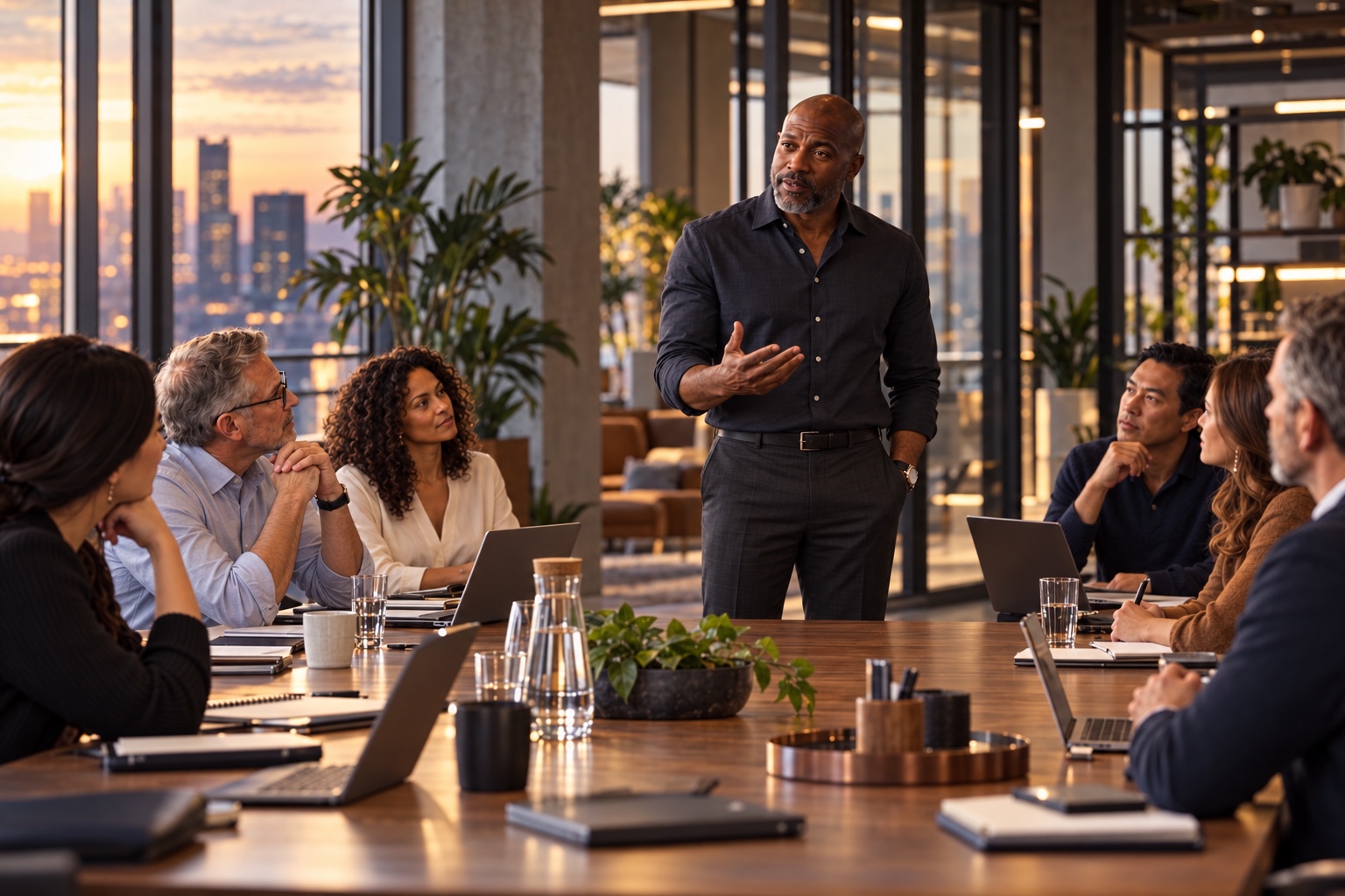 An executive leading a focused conversation with his leadership team.